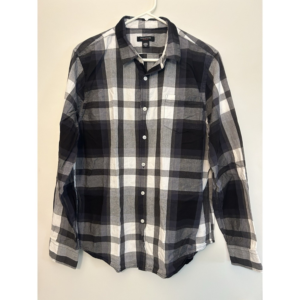 STRUCTURE Black Plaid Slim Fit Shirt Long Sleeve Button-Up Cotton Mens L